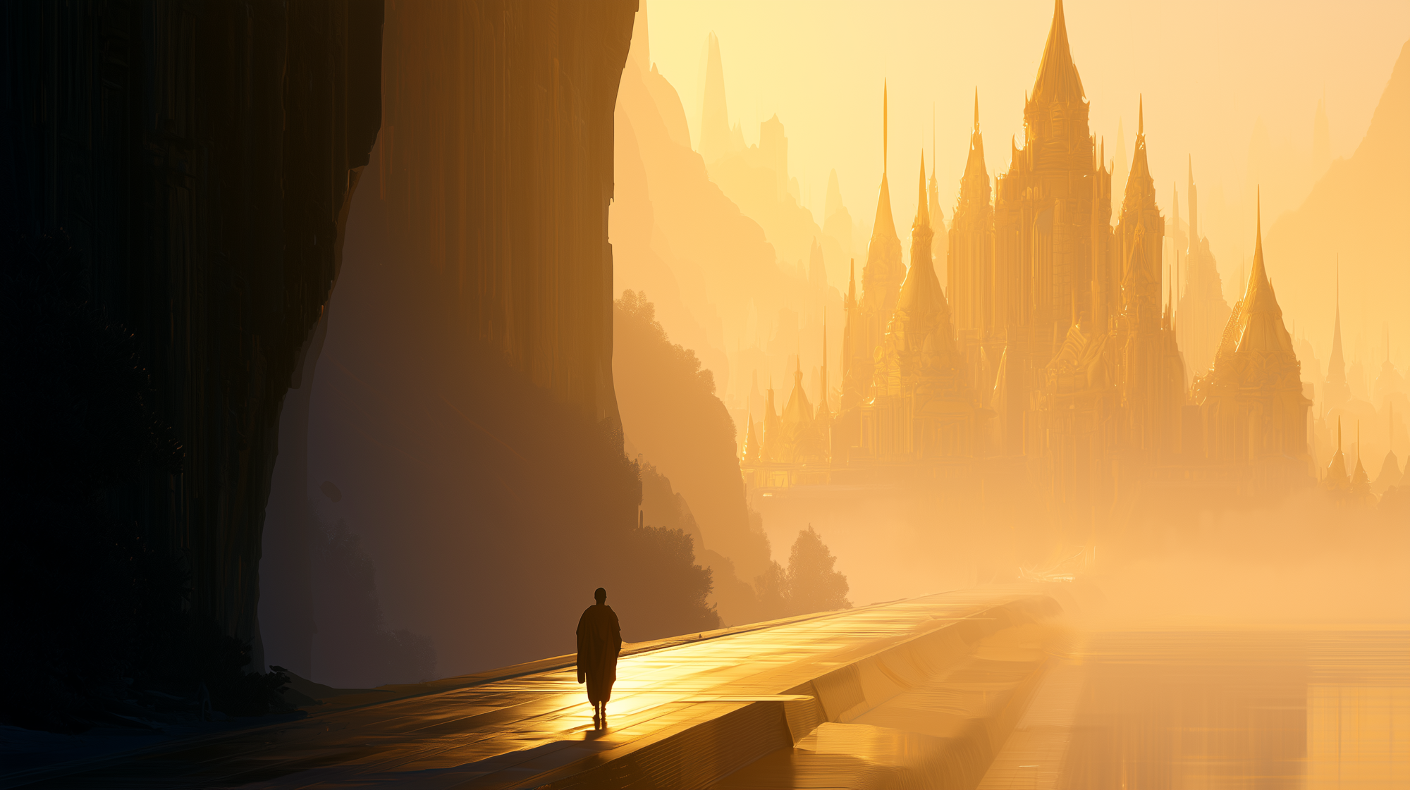 A lone robed figure walking a luminous path toward a radiant golden city of temple spires emerging through dawn mist, framed by a dark cliff.