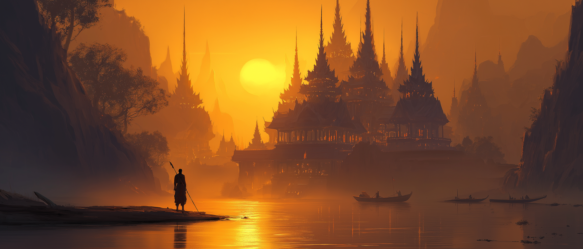 A lone robed figure with a staff stands on a misty riverbank at golden hour, gazing across calm water at a vast temple-city of glowing amber spires rising between dark cliffs, longtail boats drifting below a soft sun.