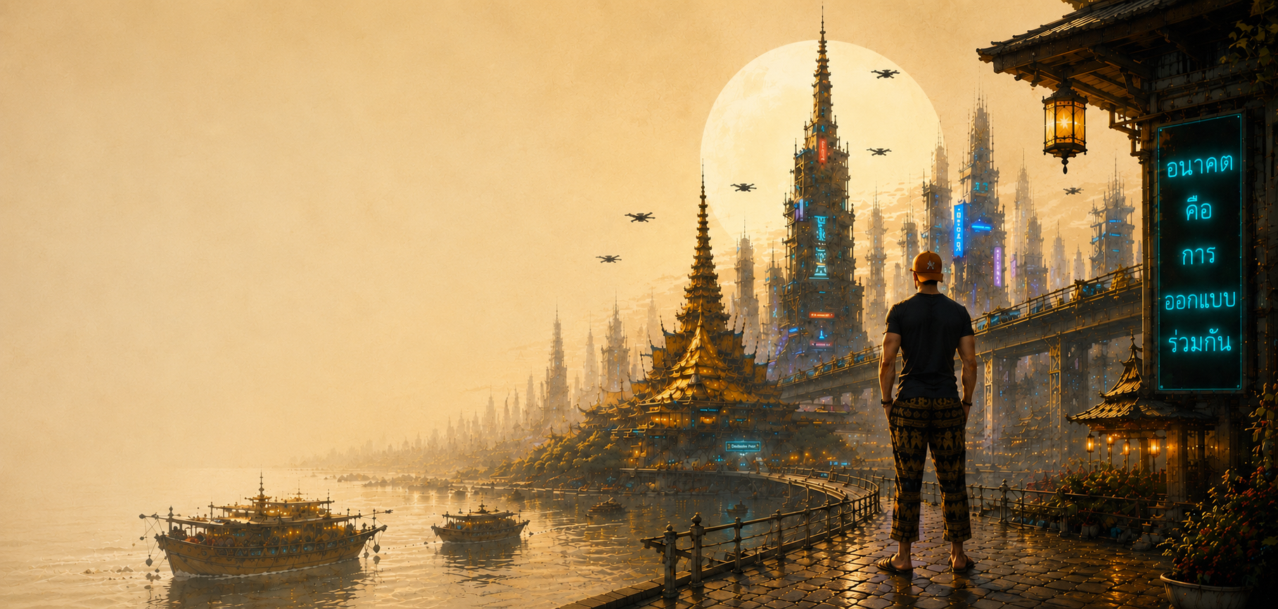 A lone figure on a riverside pier at golden hour, gazing across boats toward gilded temple spires, neon towers, and a great moon rising over the water.